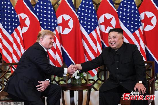 DPRK top leader Kim Jong-un and U.S. President Donald Trump sit down before their one-on-one chat during the second U.S.-DPRK summit at the Metropole Hotel in Hanoi, Vietnam February 27, 2019. (Photo/Agencies)