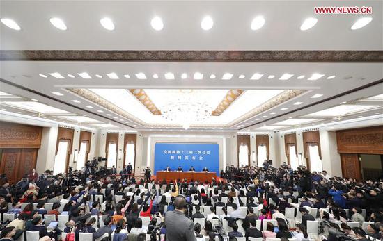 Guo Weimin, spokesman of the second session of the 13th National Committee of the Chinese People's Political Consultative Conference (CPPCC), attends a press conference at the Great Hall of the People in Beijing, capital of China, March 2, 2019. The CPPCC National Committee held a press conference on Saturday afternoon, one day ahead of its annual session. (Xinhua/Shen Bohan)