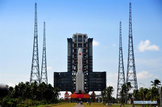 China's newly-developed heavy-lift carrier rocket Long March-5 is in transit at the Wenchang Space Launch Center in south China's Hainan Province, Oct. 28, 2016. (Xinhua/Sun Hao)
