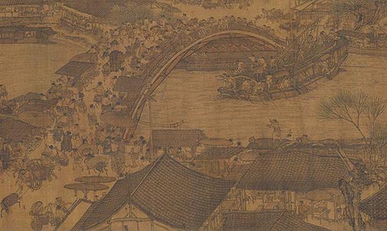 Along the River During the Qingming Festival, a 5.28-meter-long scroll painting, depicts a panorama of flourishing urban life in 12th century Bianliang, today's Kaifeng in Henan Province. (Photo/The Palace Museum)