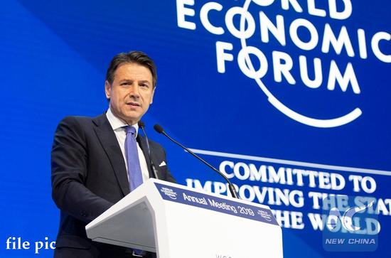 Italian Prime Minister Giuseppe Conte speaks during a plenary session at the 49th annual meeting of the World Economic Forum (WEF) in Davos, Switzerland, Jan. 23, 2019. (Xinhua/Xu Jinquan)