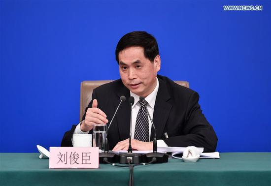 Liu Junchen, vice chairman of Legislative Affairs Commission of the National People's Congress (NPC) Standing Committee, attends a press conference on the legislative work of the NPC for the second session of the 13th NPC in Beijing, capital of China, March 9, 2019. (Xinhua/Li Ran)