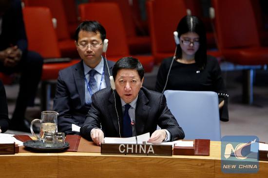 File Photo: Wu Haitao (front), Chinese deputy permanent representative to the United Nations, addresses a Security Council meeting on the humanitarian situation in Syria, at the UN headquarters in New York, Feb. 26, 2019. (Xinhua/Li Muzi)