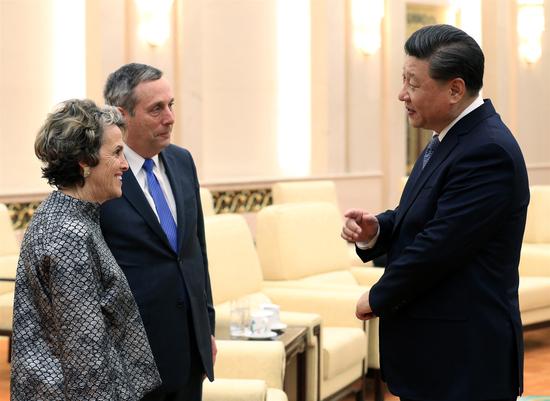 President Xi Jinping meets Harvard University President Lawrence Bacow and wife, Adele, at the Great Hall of the People in Beijing on Wednesday. (Photo by Wu Zhiyi/China Daily)