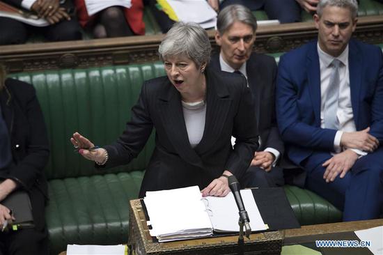 ritish Prime Minister Theresa May (Front) speaks during the Prime Minister's Question Time in the House of Commons in London, Britain, on March 20, 2019. Theresa May confirmed Wednesday she has written to the European Union seeking to delay Britain's departure from the bloc until June 30. (Xinhua/UK Parliament/Jessica Taylor)