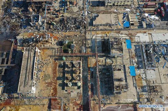 Aerial photo taken on March 22, 2019 shows the site of a factory explosion at a chemical industrial park in Yancheng, east China's Jiangsu Province.  (Xinhua/Ji Chunpeng)