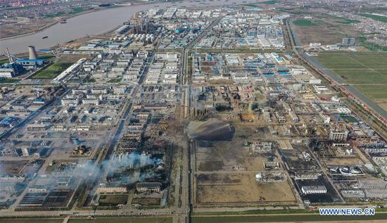 Aerial photo taken on March 22, 2019 shows the site of an explosion at a chemical industrial park in Xiangshui County of Yancheng, east China's Jiangsu Province. Thousands of firefighters and medical workers and hundreds of ambulances and fire trucks have joined an all-out rescue after an explosion rocked a chemical plant Thursday in an industrial park in Xiangshui County. (Xinhua/Li Bo)