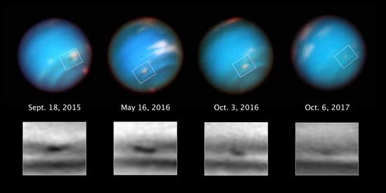 This series of Hubble Space Telescope images taken over 2 years tracks the demise of a giant dark vortex on the planet Neptune. The oval-shaped spot has shrunk from 3,100 miles across its long axis to 2,300 miles across, over the Hubble observation period. Credits: NASA, ESA, and M.H. Wong and A.I. Hsu (UC Berkeley)