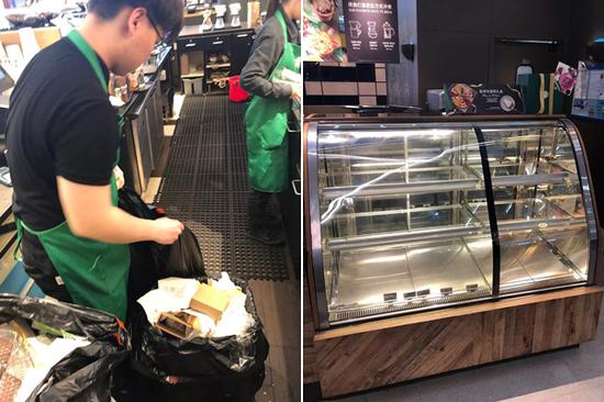 Starbucks staff at a Starbucks store in Shanghai clean the display case after cockroaches were reported crawling on food in the cafe. (Photo/WeChat)