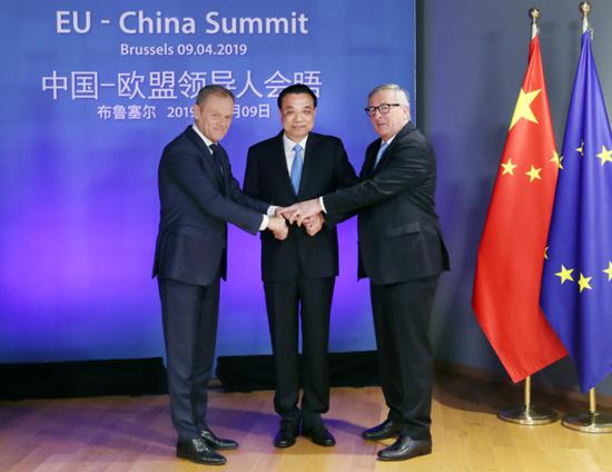 Chinese Premier Li Keqiang (C), President of the European Council Donald Tusk (L), and President of the European Commission Jean-Claude Juncker meet in Brussels for the 21st China-EU leaders' meeting on Tuesday, April 9, 2019. [Photo: gov.cn]