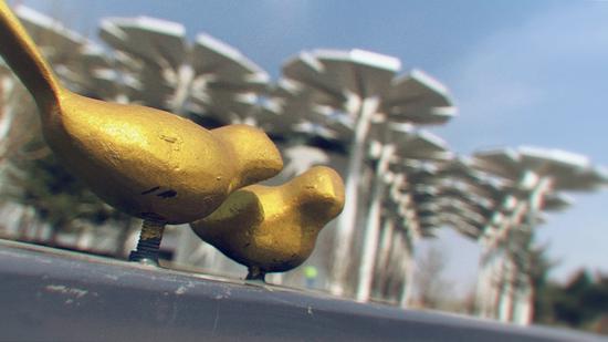 Bird-shaped decorations, painted gold, glimmer on a handrail in front of the International Pavilion.  (Photo/CGTN)