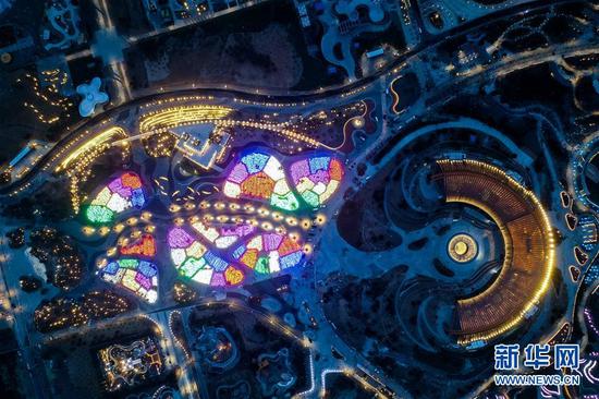 The night view of the venue for 2019 Beijing Horticultural Expo, in the Yanqing District of Beijing, China. /Xinhua Photo
