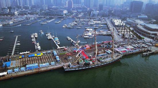Aerial photo taken on Aug. 11, 2017 shows the bird`s eye view of Qingdao Olympic Sailing Center in Qingdao, east China's Shandong Province. (File photo/Xinhua)