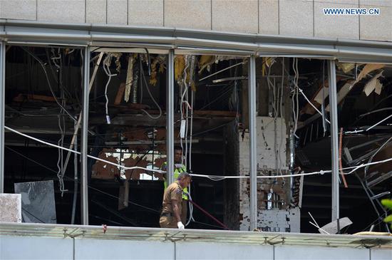 Photo taken on April 21, 2019 shows the blast scene at Shangri-La hotel in Colombo, Sri Lanka. (Xinhua/A.Hapuarachchi)