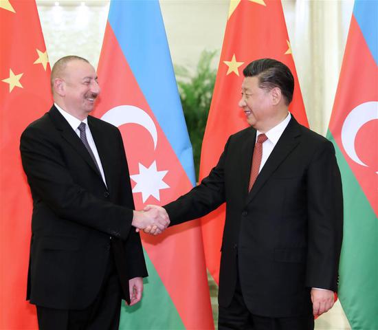 Chinese President Xi Jinping (R) meets with Azerbaijani President Ilham Aliyev ahead of the Second Belt and Road Forum for International Cooperation in Beijing, capital of China, April 24, 2019. (Xinhua/Huang Jingwen)