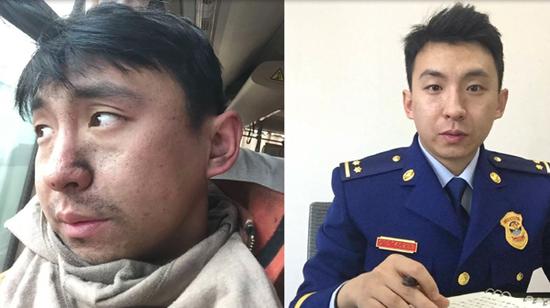 This combo photo shows different faces of Jin Xin, a publicity officer in Inner Mongolia Autonomous Region. The left photo shows his face has got smoky in a firefighting mission and the right one shows he is in uniform. (Photo/Screenshot on CNSTV)