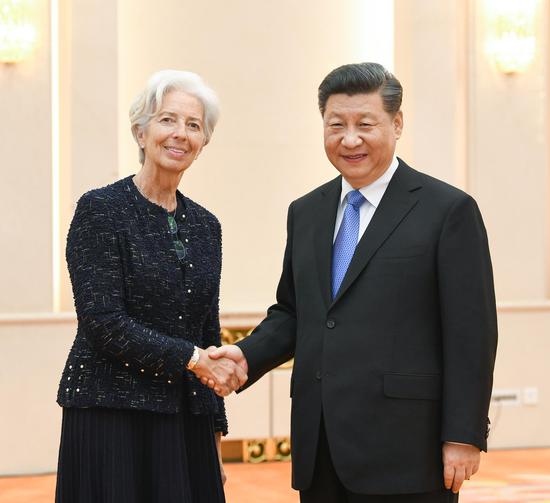 Chinese President Xi Jinping (R) meets with International Monetary Fund (IMF) Managing Director Christine Lagarde, who is here for the second Belt and Road Forum for International Cooperation, at the Great Hall of the People in Beijing, capital of China, April 24, 2019. (Xinhua/Rao Aimin)