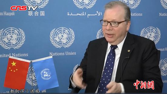 UN official Nicholas Rosellini receives interview with China News Service in Beijing, April 24, 2019. (Photo/Video Screenshot on CNSTV) 