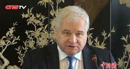 Russia's ambassador to China Andrey Ivanovich Denisov speaks in an interview ahead of the second Belt and Road Forum for International Cooperation in Beijing, April 24, 2019. (Photo/Video screenshot on CNSTV)