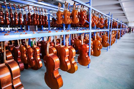 Violins are displayed in a workshop in Queshan county, Henan province. (Photo provided to chinadaily.com.cn)