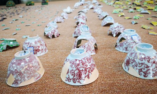 Broken porcelain awaits expert restoration. True restoration not only preserves the historic significance of a relic, but also reflects its aesthetic value, according to Restoration 1860 experts. (Photo/Courtesy of Yuanmingyuan Park)