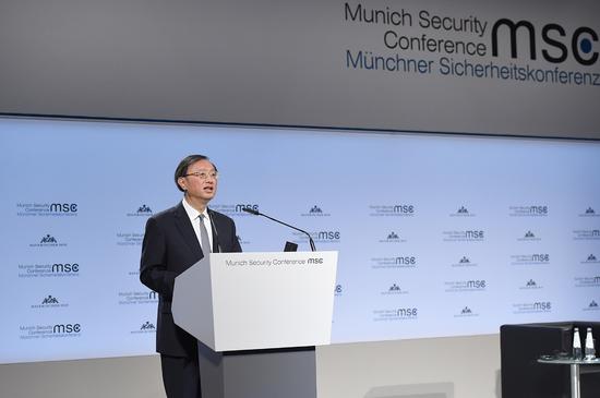 Yang Jiechi, a member of the Political Bureau of the Communist Party of China (CPC) Central Committee, delivers a keynote speech at the 55th Munich Security Conference in Munich, Germany, Feb. 16, 2019. (Photo/Xinhua)