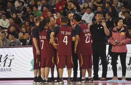 The Yesha team gather together during their performance at the WCBA All-Star Game in Hohhot, north China's Inner Mongolia Autonomous Region, Jan. 27, 2019. (Xinhua/Peng Yuan)