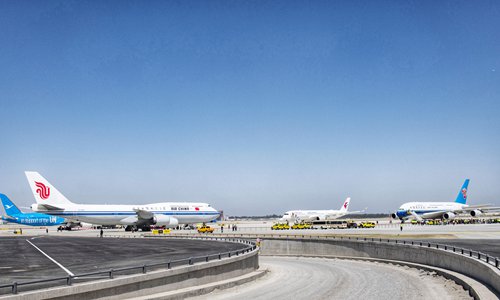 Four planes sit in Beijing Daxing International Airport on Monday morning during a rehearsal for future operations. The new airport is scheduled to be operational at the end of September. (Photo: Cui Meng/GT)