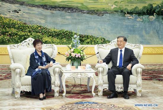 Wang Yang (R), a Standing Committee member of the Political Bureau of the Communist Party of China Central Committee and chairman of the National Committee of the Chinese People's Political Consultative Conference, meets with a delegation of personages from various circles in Taiwan led by Hung Hsiu-chu, former chairperson of the Chinese Kuomintang party, in Beijing, capital of China, May 13, 2019. (Xinhua/Li Tao)