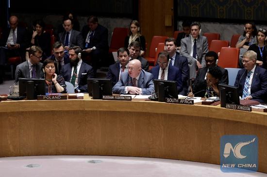 Russian permanent representative to the United Nations Vassily Nebenzia (C, front), addresses after the Security Council failed to hold a meeting on the enactment of a Ukrainian language law, at the UN headquarters in New York, May 20, 2019. (Xinhua/Li Muzi)
