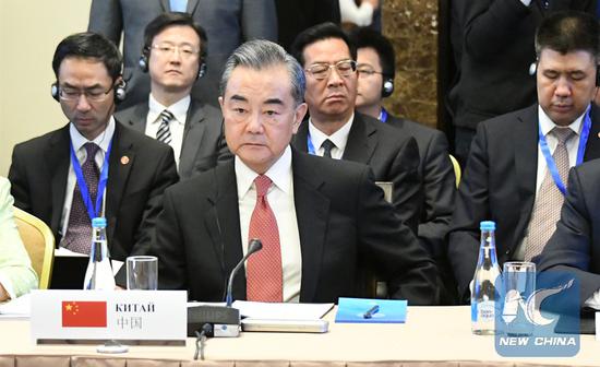 Chinese State Councilor and Foreign Minister Wang Yi attends the meeting of the Shanghai Cooperation Organization Council of Foreign Ministers in Bishkek, Kyrgyzstan, May 22, 2019. (Xinhua/Li Yong)