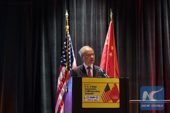 Chinese Ambassador to the United States Cui Tiankai addresses the fifth China-U.S. Governors Forum in Lexington, Kentucky, the United States, on May 23, 2019. (Xinhua/Li Rui)