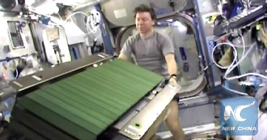 Astronaut Michael Barratt moves the Combined Operational Load Bearing External Resistance Treadmill aboard the International Space Station in this image from NASA TV September 1, 2009.