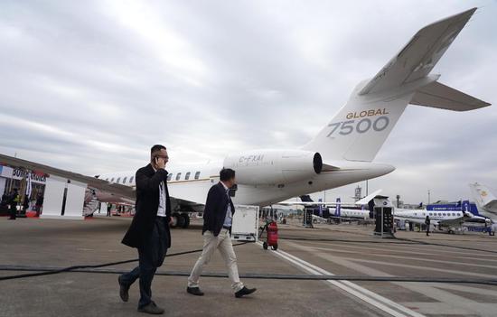 A Bombardier Global 7500 aircraft on display at the Asian Business Aviation Conference & Exhibition in Shanghai. [Photo by Gao Erqiang/China Daily]