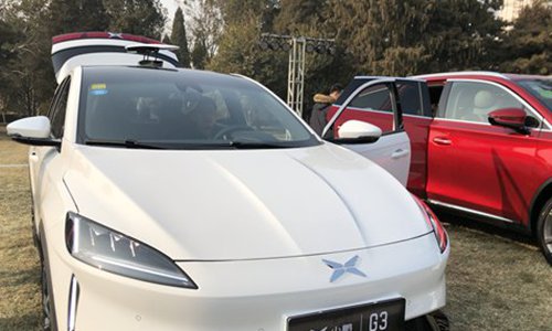 An XPeng G3 electric vehicle shown at the exhibition venue of the China EV100 Forum held in January in Beijing. (Photo: Zhang Hongpei/GT)