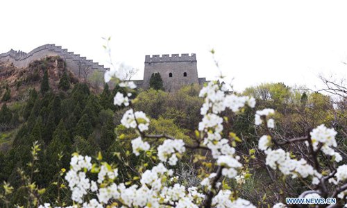 Photo taken on April 18, 2019 shows a watch tower of the Huangyaguan Great Wall in Jizhou District of Tianjin, north China. May 5 marks the opening of 