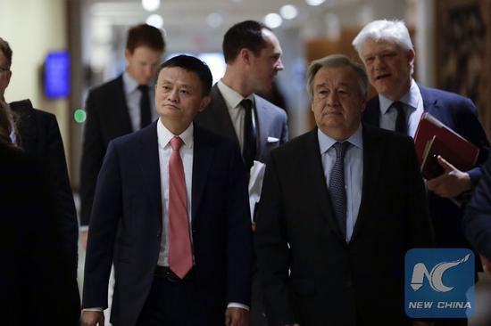 Jack Ma, executive chairman of Alibaba group and United Nations Secretary-General Antonio Guterres arrive to attend a high-level panel on digital cooperation, at the UN headquarters in New York, June 10, 2019. (Xinhua/Li Muzi)