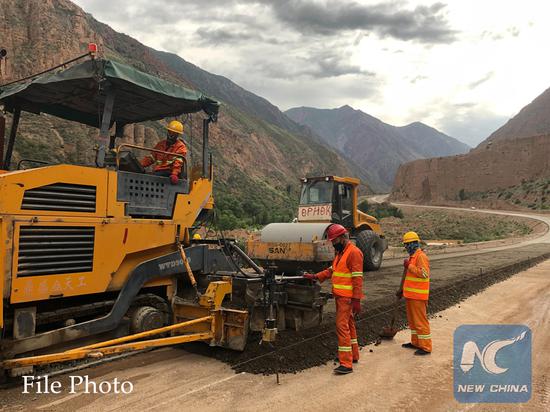 Photo taken on May 24, 2019 shows the construction site of a road built by a Chinese company in Jalal-Abad, Kyrgyzstan. (Xinhua/Ma Xiaocheng)