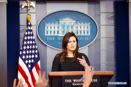 White House press secretary Sarah Sanders attends a press briefing at the White House in Washington D.C., the United States, on March 11, 2019. U.S. President Donald Trump announced on Thursday that press secretary Sarah Sanders will be leaving the White House at the end of this month. (Xinhua/Ting Shen)