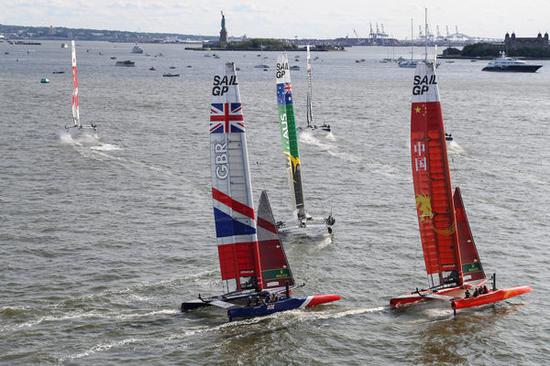 SailGP teams compete on the Hudson River in New York, June 22, 2019. (Courtesy of SailGP Organizer)