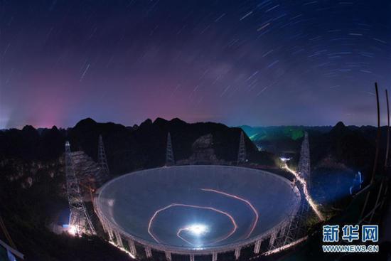 Night view of the Five-hundred-meter Aperture Spherical Radio Telescope [File photo: Xinhua]