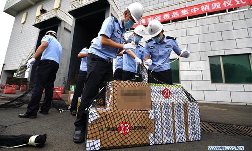 Staff members prepare to destroy drugs at an incineration power plant in Chengmai county, South China's Hainan Province, June 3, 2019. Authorities in south China's island province of Hainan destroyed over 280 kg of drugs at an incineration power plant in Chengmai County on Monday. (Photo/Xinhua)