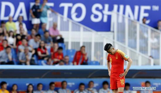 China's Li Ying reacts during the round of 16 match between Italy and China at the 2019 FIFA Women's World Cup in Montpellier, France, on June 25, 2019. China lost 0-2. (Xinhua/Ding Xu)