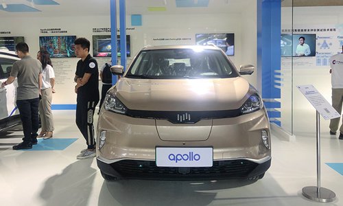 A car that runs Baidu's autonomous driving Platform Apollo is on exhibition at the site of Baidu Create 2019 on Wednesday in Beijing. (Photo: Huang Ge/GT)

