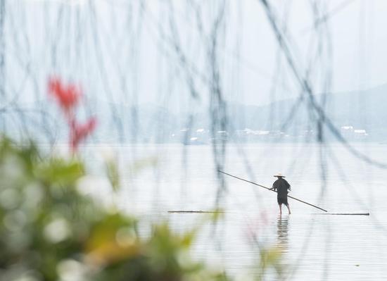 Fang Shuyun, 54, a native of Jiande City, crosses Xin'an River using two bamboo poles in Jiande City, east China's Zhejiang Province, July 11, 2019. Fang learned the trick when he was a kid. (Xinhua)