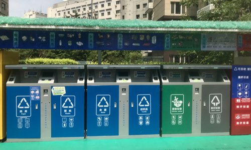 Eight categories of smart trash bins at a residential community in Beijing's Xicheng district. (Photo: Wang Qi/GT)