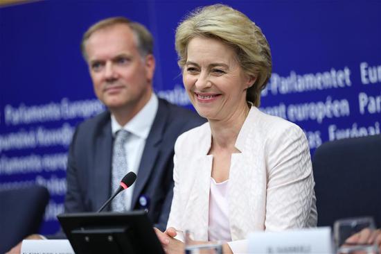 Ursula von der Leyen (R) attends a press conference after being elected the next president of the European Commission at the headquarters of European Parliament in Strasbourg, France, July 16, 2019. Germany's Ursula von der Leyen was elected to be the next president of the European Commission on Tuesday with a slim majority. (Xinhua/Zhang Cheng)