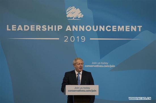 Newly elected Conservative party leader Boris Johnson gives a speech during the Conservative Leadership announcement at the Queen Elizabeth II Centre in London, Britain, July 23, 2019. Former British Foreign Secretary and ex-mayor of London Boris Johnson was elected the leader of the ruling Conservative party on Tuesday and set to become the country's prime minister. (Xinhua)