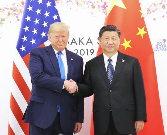Chinese President Xi Jinping meets with U.S. President Donald Trump in Osaka, Japan, June 29, 2019. (Xinhua/Ju Peng)