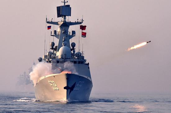 Photo taken on May 3, 2019 shows a missile frigate of the Chinese People's Liberation Army (PLA) Navy firing a depth charge rocket during a China-Russia joint naval drill. (Xinhua/Li Ziheng)